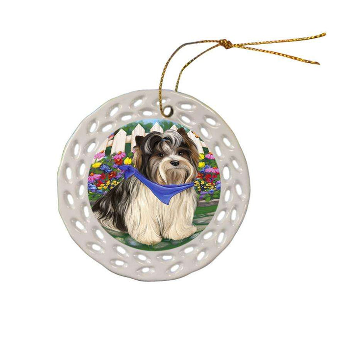 Spring Floral Biewer Terrier Dog Ceramic Doily Ornament DPOR52237