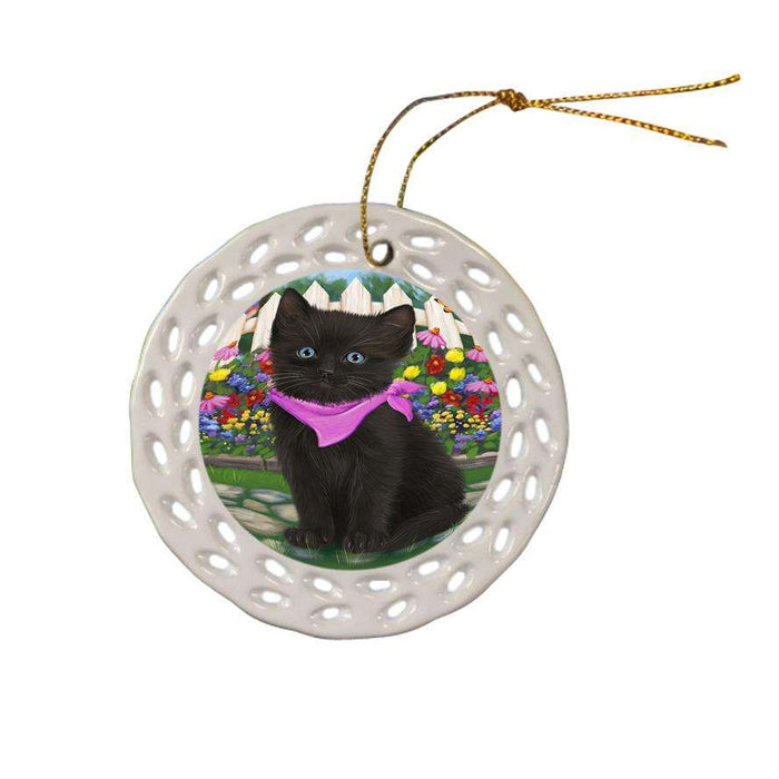 Spring Floral Black Cat Ceramic Doily Ornament DPOR52240