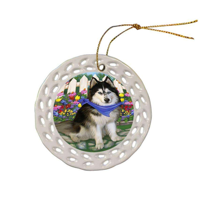 Spring Floral Siberian Huskie Dog Ceramic Doily Ornament DPOR52171