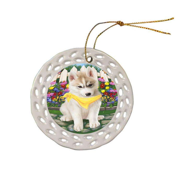Spring Floral Siberian Huskie Dog Ceramic Doily Ornament DPOR52173