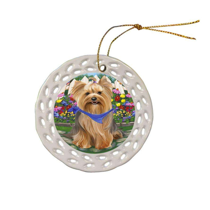 Spring Floral Yorkshire Terrier Dog Ceramic Doily Ornament DPOR52194