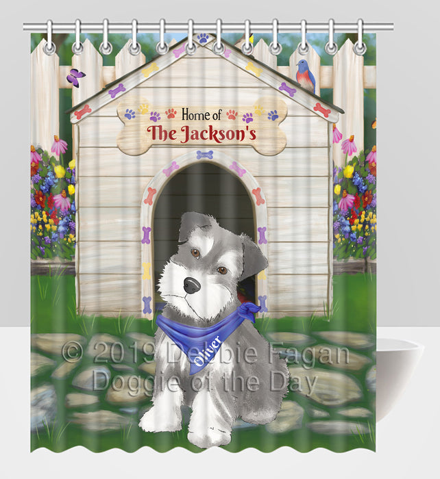 Custom Personalized Cartoonish Pet Photo and Name on Shower Curtain in Spring Dog House Background