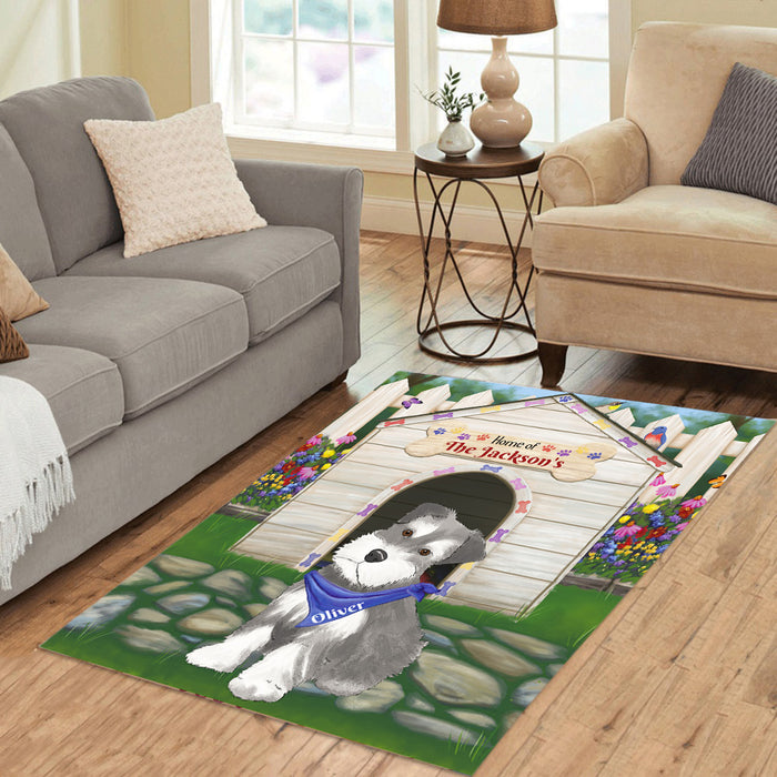 Custom Personalized Cartoonish Pet Photo and Name on Area Rug in Spring dog House Background