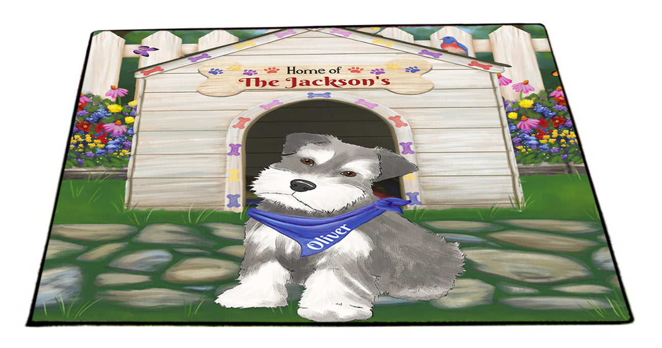 Custom Personalized Cartoonish Pet Photo and Name on Floormat in Spring Dog House Background