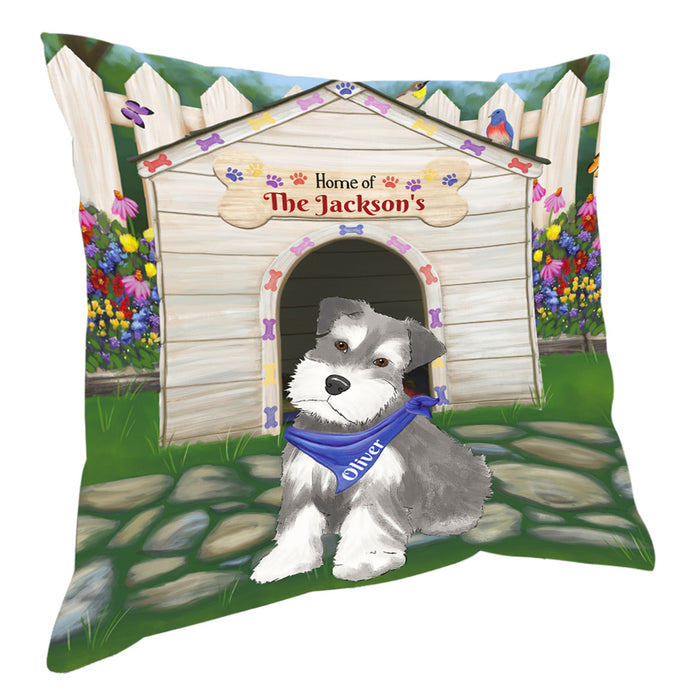 Custom Personalized Cartoonish Pet Photo and Name on Pillow in Spring dog House Background