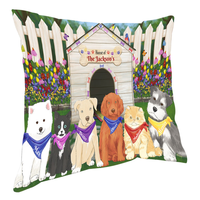 Custom Personalized Cartoonish Pet Photo and Name on Pillow in Spring dog House Background