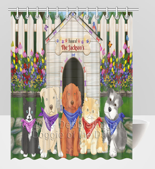 Custom Personalized Cartoonish Pet Photo and Name on Shower Curtain in Spring Dog House Background