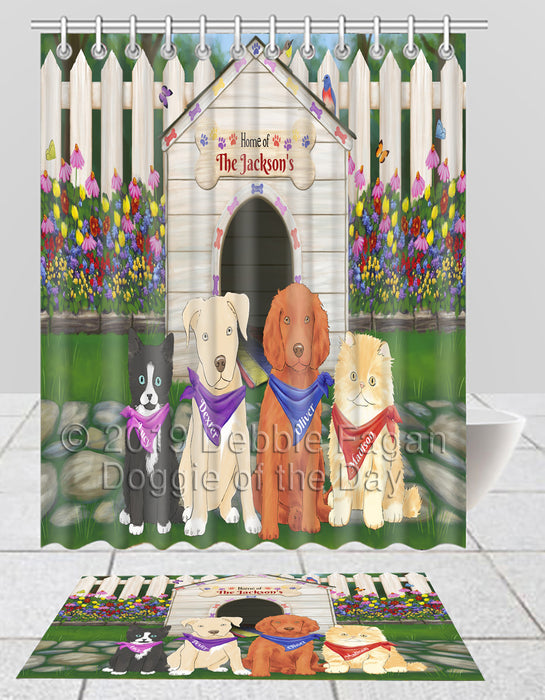 Custom Personalized Cartoonish Pet Photo and Name on Shower Curtain & Bath Mat Combo in Spring Dog House Background