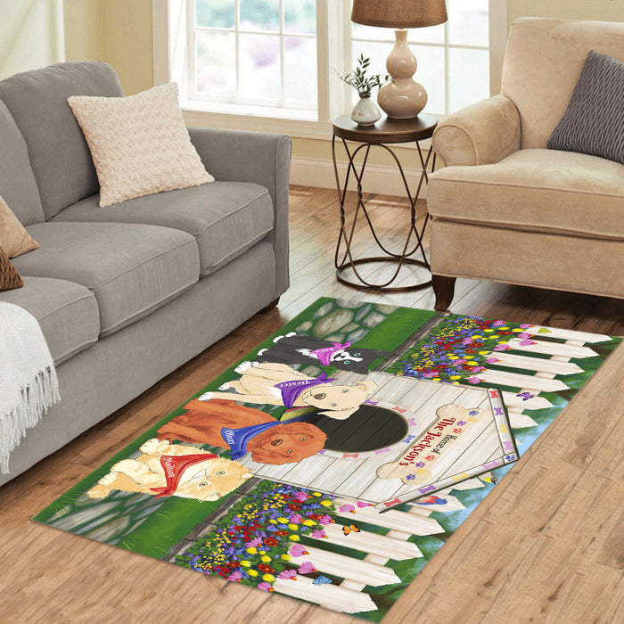 Custom Personalized Cartoonish Pet Photo and Name on Area Rug in Spring dog House Background