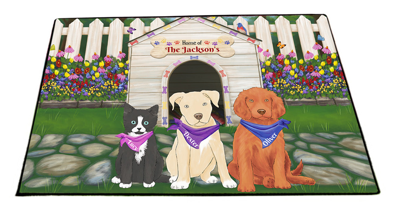 Custom Personalized Cartoonish Pet Photo and Name on Floormat in Spring Dog House Background