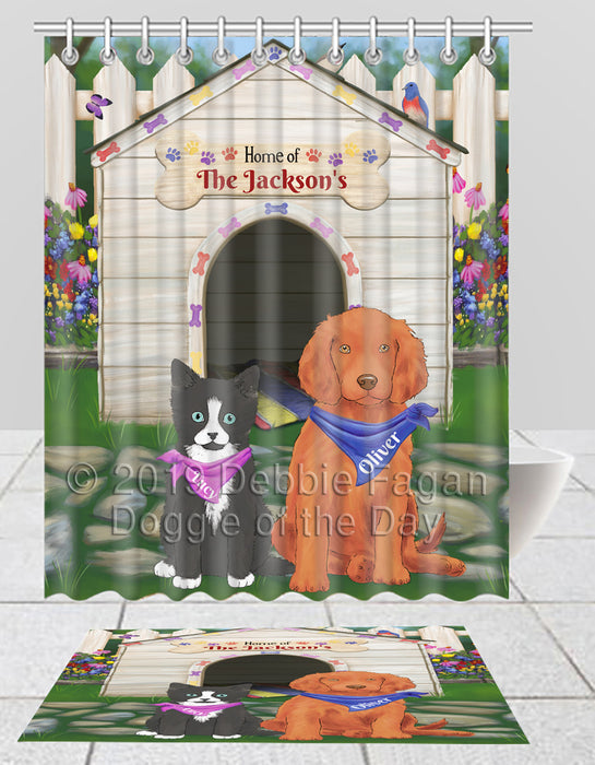 Custom Personalized Cartoonish Pet Photo and Name on Shower Curtain & Bath Mat Combo in Spring Dog House Background