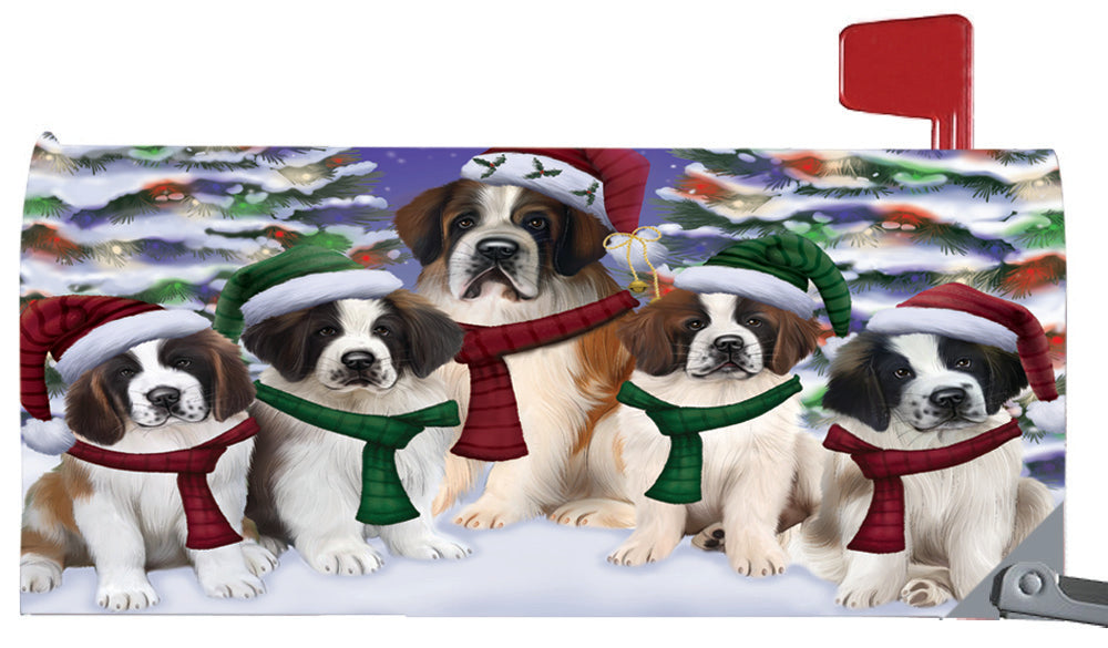Magnetic Mailbox Cover Saint Bernards Dog Christmas Family Portrait in Holiday Scenic Background MBC48259