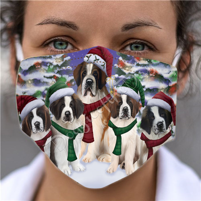 Saint Bernard Dogs Christmas Family Portrait in Holiday Scenic Background Face Mask FM48384