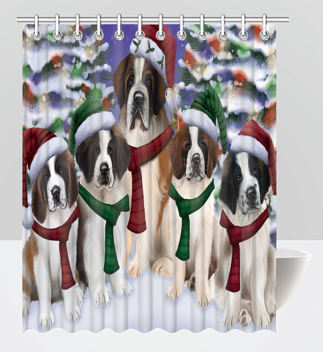 Saint Bernard Dogs Christmas Family Portrait in Holiday Scenic Background Shower Curtain