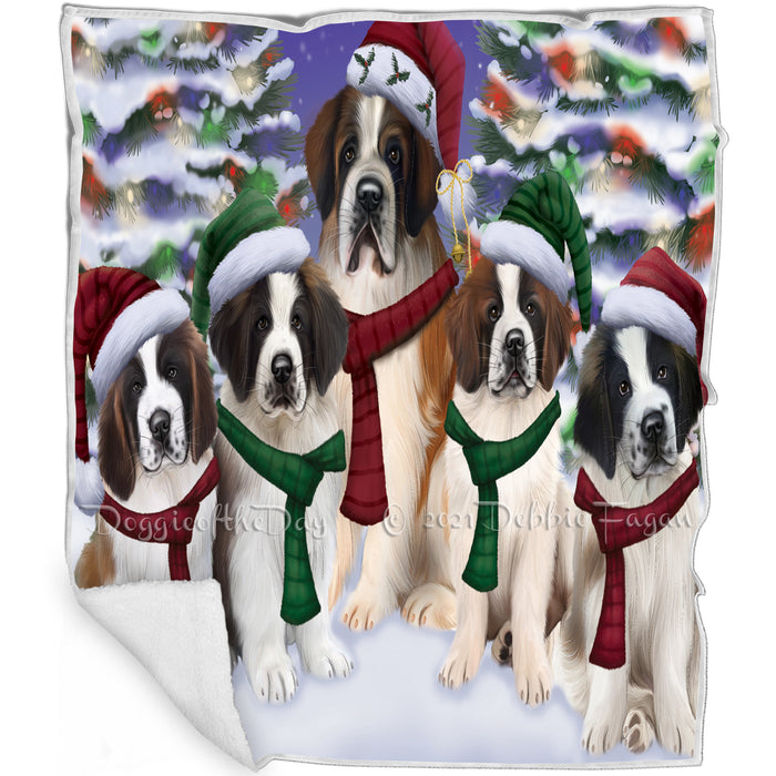 Saint Bernard Dog Christmas Family Portrait in Holiday Scenic Background Art Portrait Print Woven Throw Sherpa Plush Fleece Blanket
