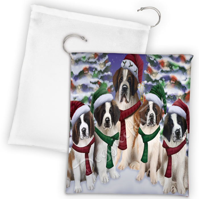 Saint Bernard Dogs Christmas Family Portrait in Holiday Scenic Background Drawstring Laundry or Gift Bag LGB48182