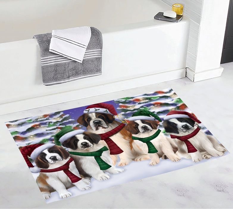 Saint Bernard Dogs Christmas Family Portrait in Holiday Scenic Background Bath Mat