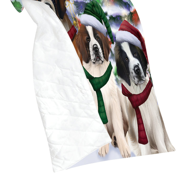 Saint Bernard Dogs Christmas Family Portrait in Holiday Scenic Background Quilt