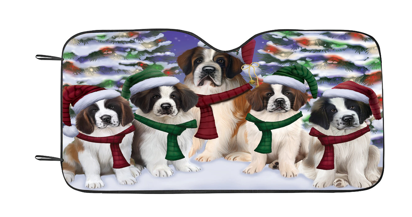 Saint Bernard Dogs Christmas Family Portrait in Holiday Scenic Background Car Sun Shade