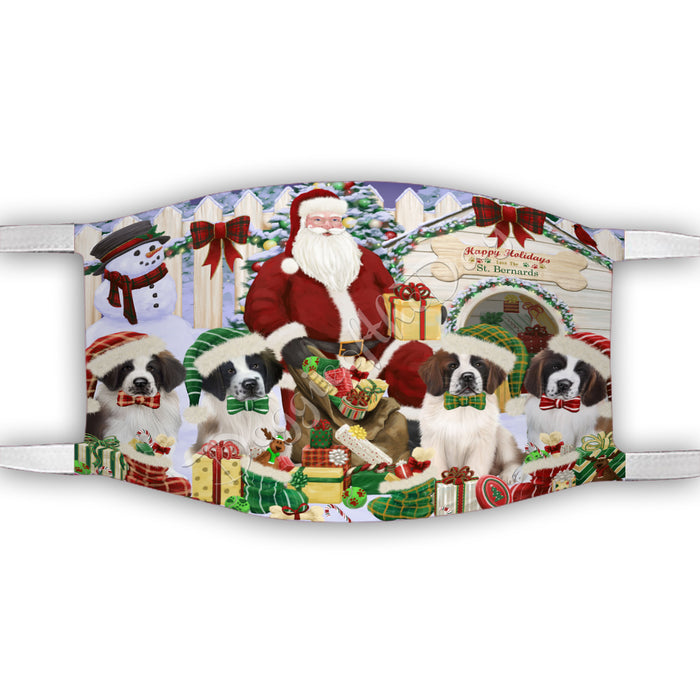 Happy Holidays Christmas Saint Bernard Dogs House Gathering Face Mask FM48288