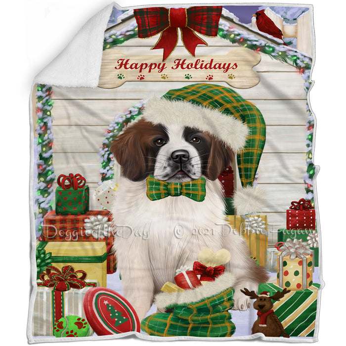 Happy Holidays Christmas Saint Bernard Dog House with Presents Blanket BLNKT80112