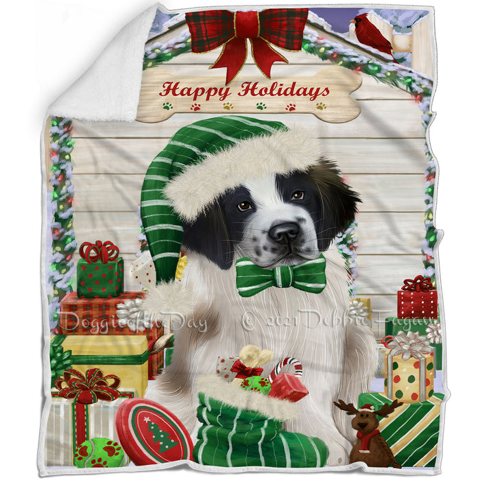 Happy Holidays Christmas Saint Bernard Dog House with Presents Blanket BLNKT80121