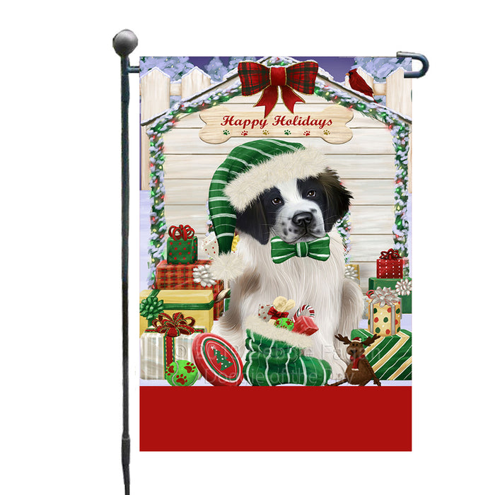 Personalized Happy Holidays Christmas Saint Bernard Dog House with Presents Custom Garden Flags GFLG-DOTD-A59383