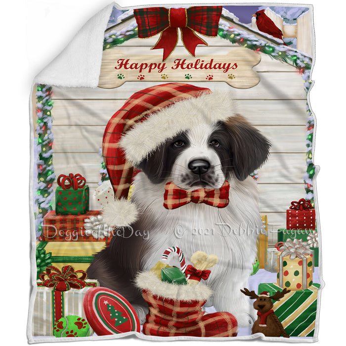 Happy Holidays Christmas Saint Bernard Dog House with Presents Blanket BLNKT80130