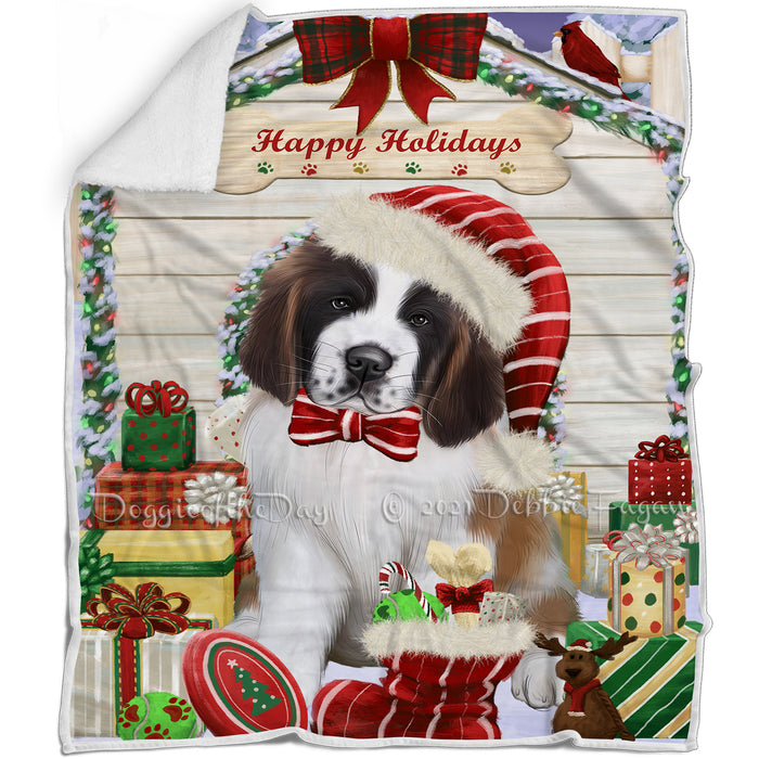 Happy Holidays Christmas Saint Bernard Dog House with Presents Blanket BLNKT80139