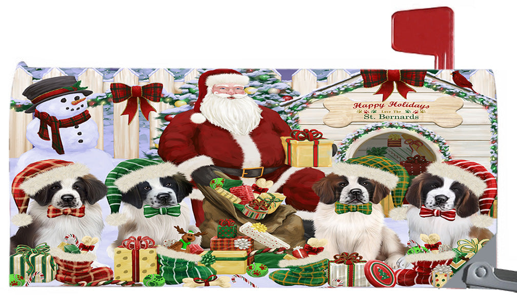 Happy Holidays Christmas St. Bernard Dogs House Gathering 6.5 x 19 Inches Magnetic Mailbox Cover Post Box Cover Wraps Garden Yard Décor MBC48850
