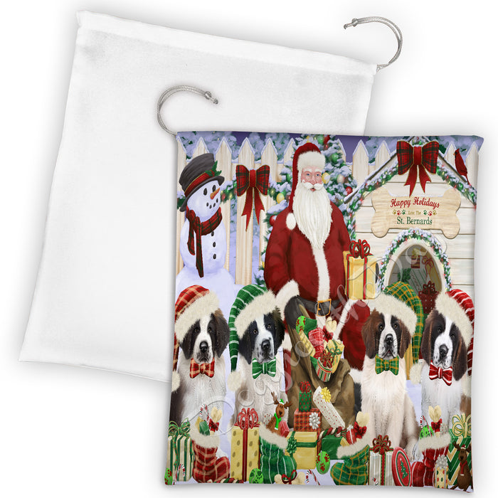 Happy Holidays Christmas Saint Bernard Dogs House Gathering Drawstring Laundry or Gift Bag LGB48086