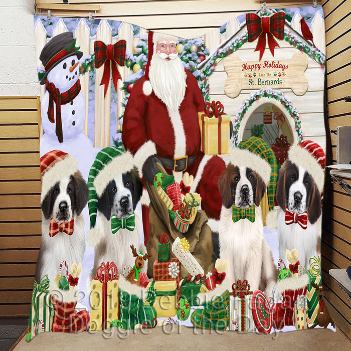 Happy Holidays Christmas Saint Bernard Dogs House Gathering Quilt
