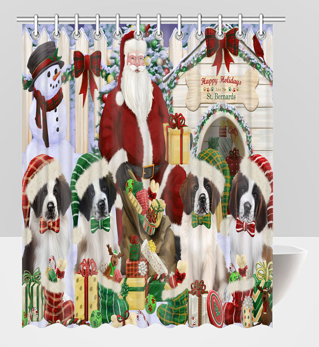 Happy Holidays Christmas Saint Bernard Dogs House Gathering Shower Curtain