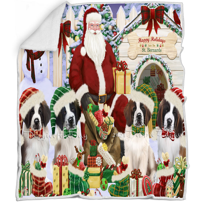 Happy Holidays Christmas Saint Bernards Dog House Gathering Blanket BLNKT79905