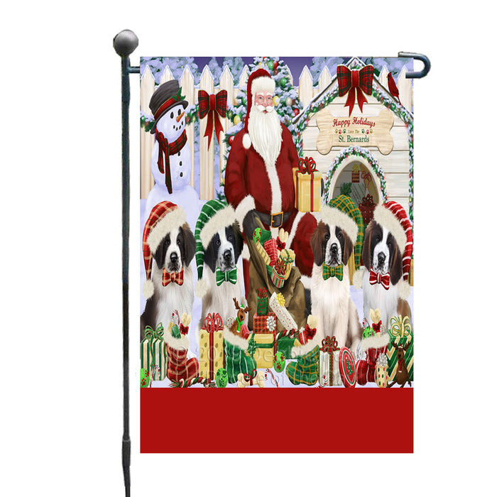 Personalized Happy Holidays Christmas Saint Bernard Dogs House Gathering Custom Garden Flags GFLG-DOTD-A58561