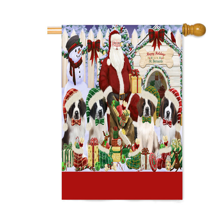Personalized Happy Holidays Christmas Saint Bernard Dogs House Gathering Custom House Flag FLG-DOTD-A58617