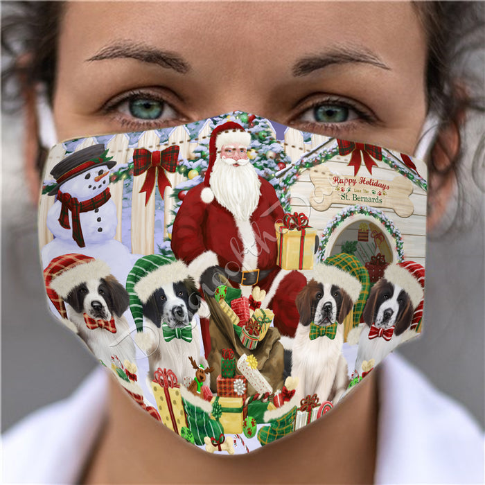 Happy Holidays Christmas Saint Bernard Dogs House Gathering Face Mask FM48288