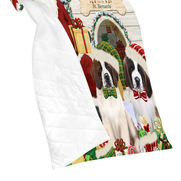 Happy Holidays Christmas Saint Bernard Dogs House Gathering Quilt