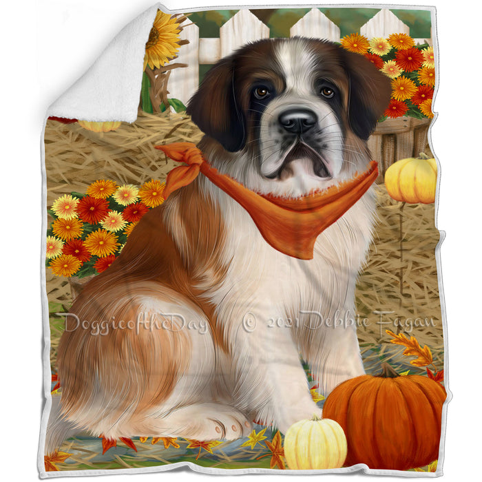 Fall Autumn Greeting Saint Bernard Dog with Pumpkins Blanket BLNKT73695