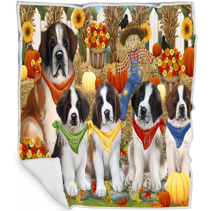 Fall Festive Gathering Saint Bernards Dog with Pumpkins Blanket BLNKT73272
