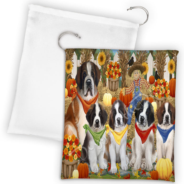Fall Festive Harvest Time Gathering Saint Bernard Dogs Drawstring Laundry or Gift Bag LGB48444