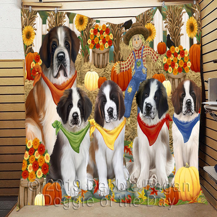 Fall Festive Harvest Time Gathering Saint Bernard Dogs Quilt