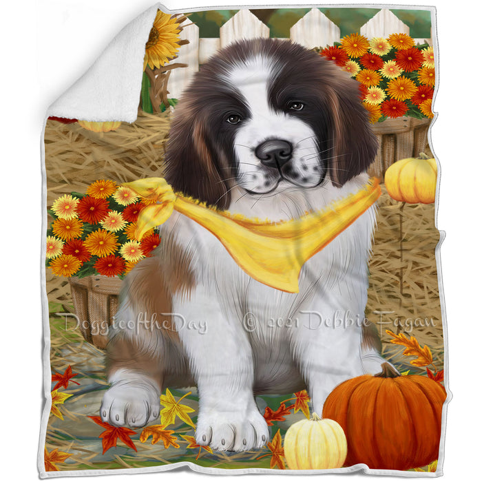 Fall Autumn Greeting Saint Bernard Dog with Pumpkins Blanket BLNKT73704