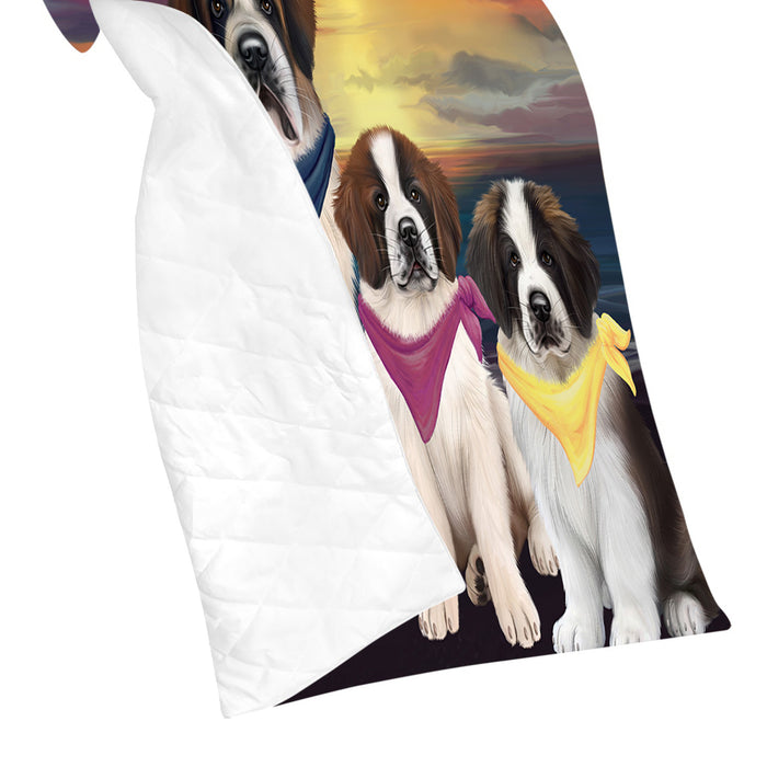 Family Sunset Portrait Saint Bernard Dogs Quilt