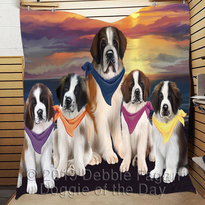 Family Sunset Portrait Saint Bernard Dogs Quilt