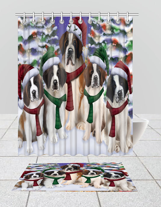 Saint Bernard Dogs Christmas Family Portrait in Holiday Scenic Background  Bath Mat and Shower Curtain Combo