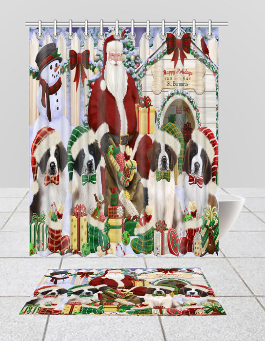 Happy Holidays Christmas Saint Bernard Dogs House Gathering Bath Mat and Shower Curtain Combo