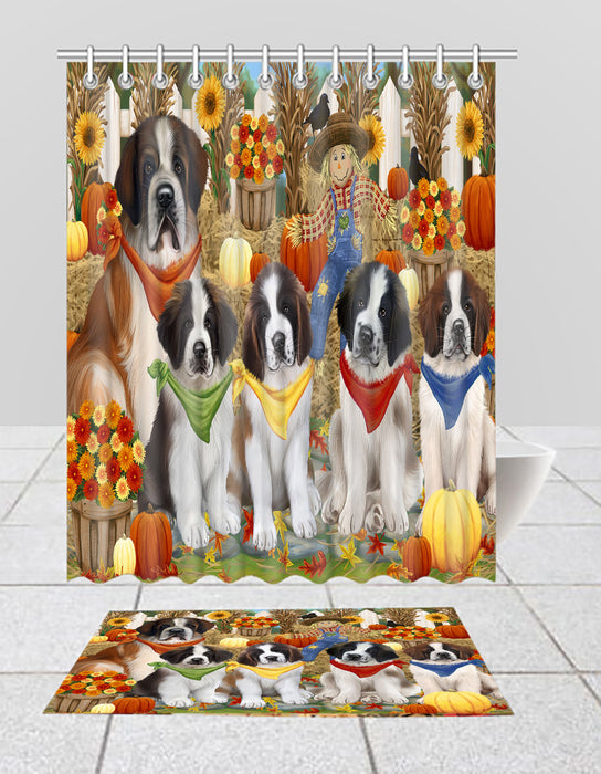 Fall Festive Harvest Time Gathering Saint Bernard Dogs Bath Mat and Shower Curtain Combo