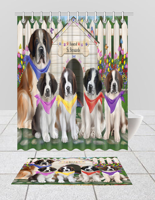 Spring Dog House Saint Bernard Dogs Bath Mat and Shower Curtain Combo