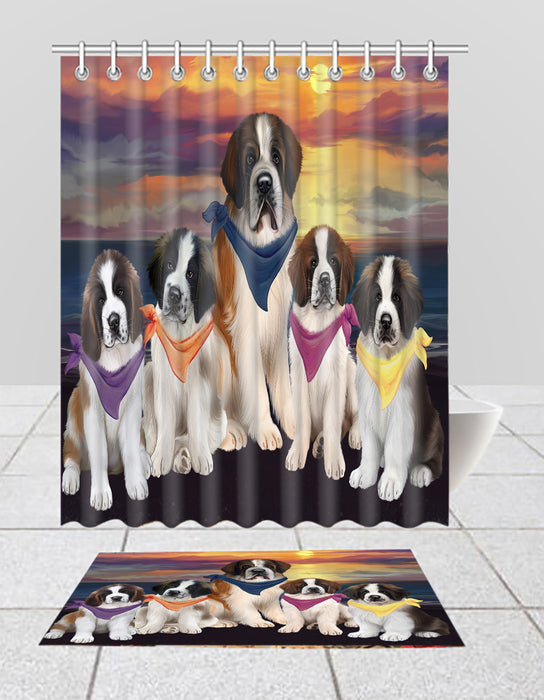 Family Sunset Portrait Saint Bernard Dogs Bath Mat and Shower Curtain Combo